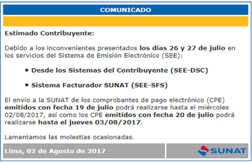 Sunat: Comunicado a Contribuyentes